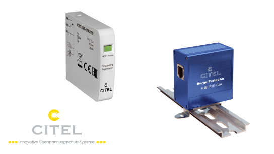 Produktabbildung von zwei CITEL Überspannungsschutzgeräten (SPDs): links ein kompaktes Modul der Serie PAC25S, rechts ein SPD der Serie MJ8 auf einer Hutschiene. Unten links das CITEL Logo. Produktabbildung von zwei CITEL Überspannungsschutzgeräten (SPDs): links ein kompaktes Modul der Serie PAC25S, rechts ein SPD der Serie MJ8 auf einer Hutschiene. Unten links das CITEL Logo.