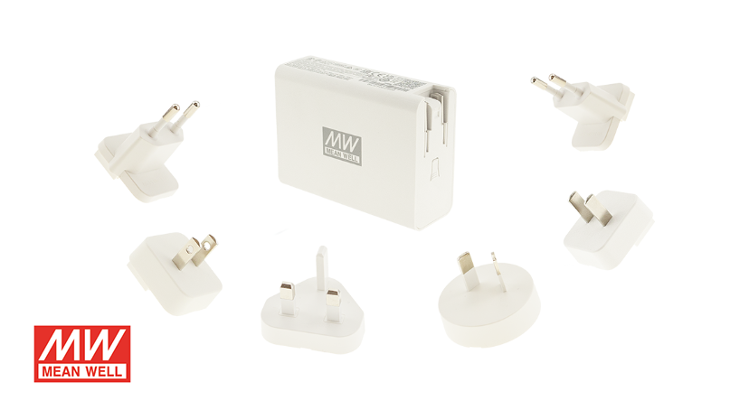 Product image of the MEAN WELL NGE100 plug-in power supply with interchangeable international AC plug adapters, isolated on a white background. The MEAN WELL logo appears in the lower left. Product image of the MEAN WELL NGE100 plug-in power supply with interchangeable international AC plug adapters, isolated on a white background. The MEAN WELL logo appears in the lower left.