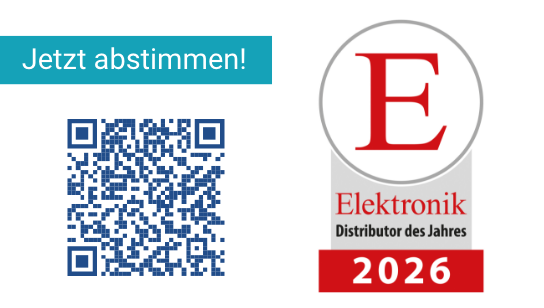 Grafik mit QR-Code und dem Hinweis ‚Jetzt abstimmen!‘ sowie dem Logo ‚Elektronik Distributor des Jahres 2026‘. Das Motiv verweist auf die Abstimmung zum Distributor des Jahres. Grafik mit QR-Code und dem Hinweis ‚Jetzt abstimmen!‘ sowie dem Logo ‚Elektronik Distributor des Jahres 2026‘. Das Motiv verweist auf die Abstimmung zum Distributor des Jahres.