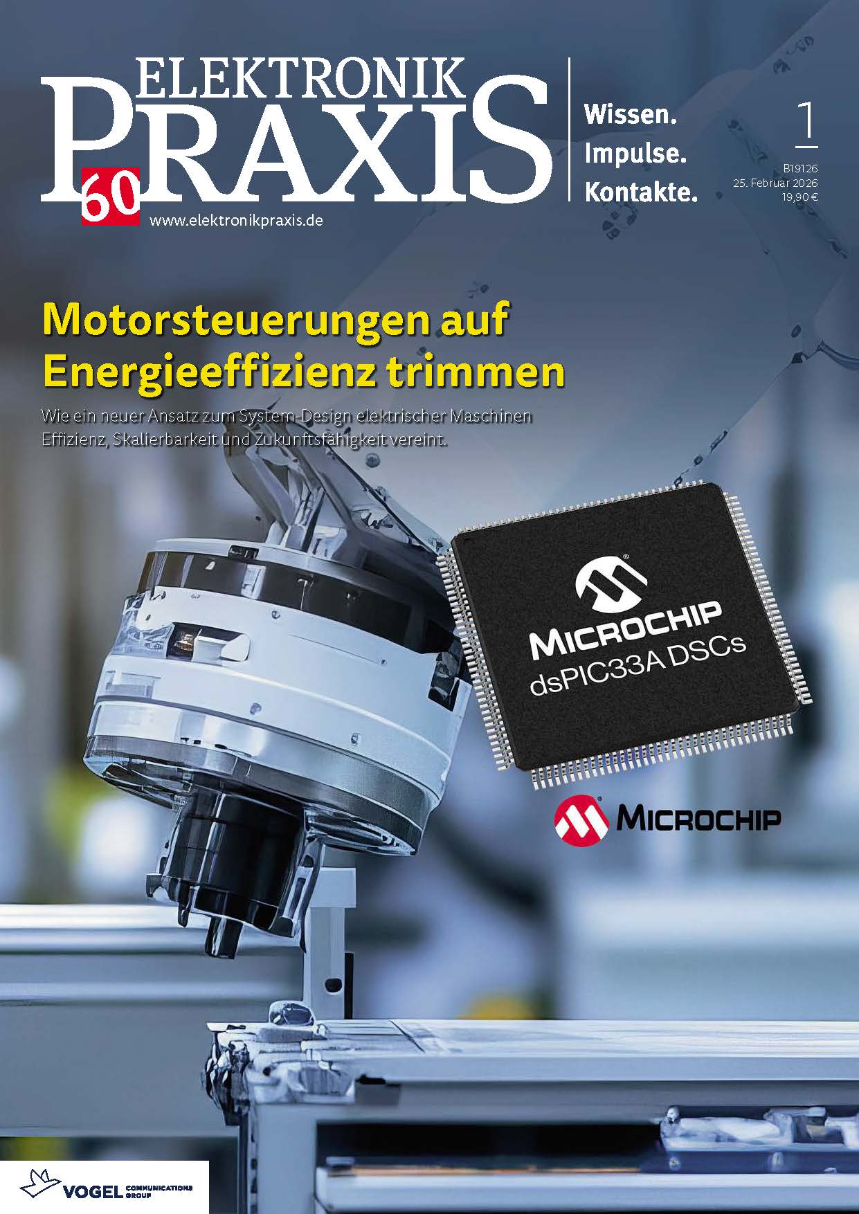 Titelbild des Fachmagazins ElektronikPraxis mit der Überschrift ‚Motorsteuerungen auf Energieeffizienz trimmen‘. Zu sehen sind ein elektrischer Motorantrieb in einer industriellen Umgebung sowie ein Microchip dsPIC33A DSC Mikrocontroller.