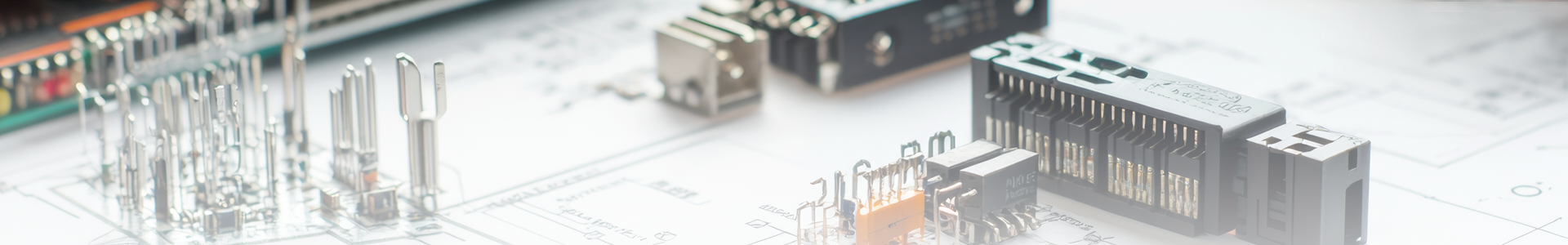 Nahaufnahme verschiedener elektronischer Bauteile und Steckverbinder auf einem Schaltplan-Hintergrund, symbolisch für Leiterplatten-Design und ECAD-Entwicklung. Nahaufnahme verschiedener elektronischer Bauteile und Steckverbinder auf einem Schaltplan-Hintergrund, symbolisch für Leiterplatten-Design und ECAD-Entwicklung.