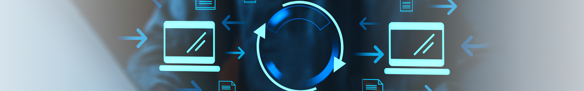 Herobanner mit Symbolen für Computer, Dokumente und kreisförmigen Pfeilen. Die Grafik visualisiert den elektronischen Datenaustausch (EDI) und automatisierte Geschäftsprozesse zwischen IT-Systemen. Herobanner mit Symbolen für Computer, Dokumente und kreisförmigen Pfeilen. Die Grafik visualisiert den elektronischen Datenaustausch (EDI) und automatisierte Geschäftsprozesse zwischen IT-Systemen.