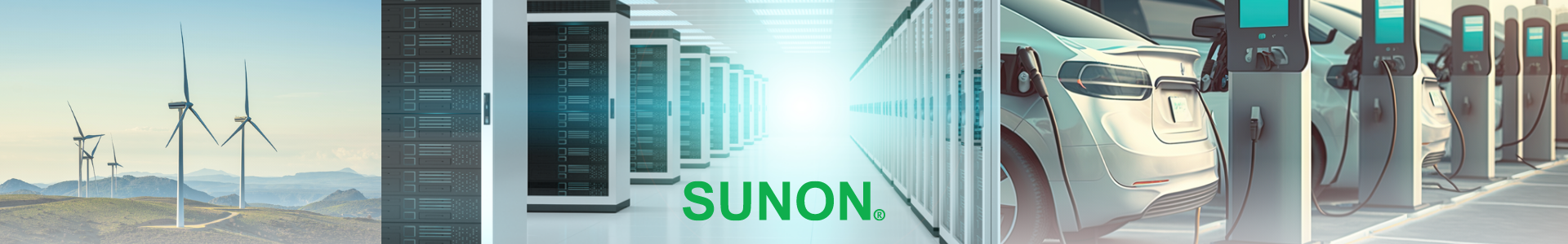 Herobanner mit Windkraftanlagen, einem Rechenzentrum mit Serverracks und einer Reihe von Elektrofahrzeugen an Ladestationen. In der Mitte das SUNON Logo – Symbol für Kühllösungen und Lüftertechnik für Energie, Data Center und E-Mobility. Herobanner mit Windkraftanlagen, einem Rechenzentrum mit Serverracks und einer Reihe von Elektrofahrzeugen an Ladestationen. In der Mitte das SUNON Logo – Symbol für Kühllösungen und Lüftertechnik für Energie, Data Center und E-Mobility.