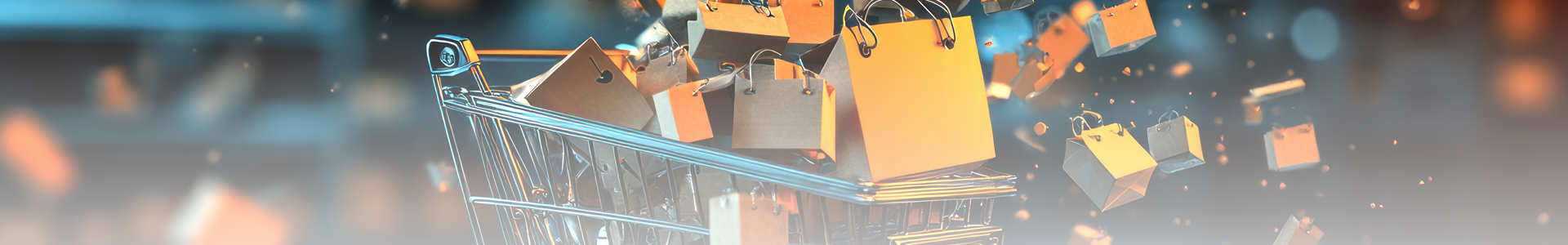 Hero-Banner „Speicherbare Warenkörbe“: Einkaufswagen gefüllt mit zahlreichen Einkaufstaschen, die dynamisch aus dem Wagen herausfliegen. Symbolbild für flexible, speicherbare Warenkörbe im Online-Shop. Hero-Banner „Speicherbare Warenkörbe“: Einkaufswagen gefüllt mit zahlreichen Einkaufstaschen, die dynamisch aus dem Wagen herausfliegen. Symbolbild für flexible, speicherbare Warenkörbe im Online-Shop.