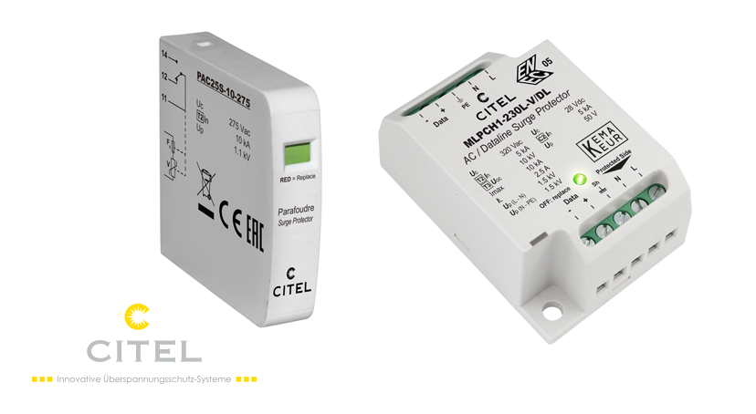 Produktabbildung von zwei CITEL Überspannungsschutzgeräten (SPDs) in unterschiedlichen Bauformen, freigestellt auf weißem Hintergrund. Unten links das CITEL Logo. Produktabbildung von zwei CITEL Überspannungsschutzgeräten (SPDs) in unterschiedlichen Bauformen, freigestellt auf weißem Hintergrund. Unten links das CITEL Logo.