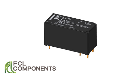 Product image of a black FCL Components FTR-K1 series PCB relay with pin terminals, isolated on a white background. The FCL Components logo appears in the lower left. Product image of a black FCL Components FTR-K1 series PCB relay with pin terminals, isolated on a white background. The FCL Components logo appears in the lower left.