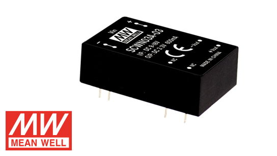 Produktabbildung eines schwarzen MEAN WELL DC/DC-Wandlers der SCW-Serie mit Stiftanschlüssen, freigestellt auf weißem Hintergrund. Unten links das MEAN WELL Logo. Produktabbildung eines schwarzen MEAN WELL DC/DC-Wandlers der SCW-Serie mit Stiftanschlüssen, freigestellt auf weißem Hintergrund. Unten links das MEAN WELL Logo.