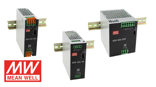 DIN-Schienen-Netzteile der MEAN WELL XDR-Serie für industrielle Stromversorgungs- und Automatisierungsanwendungen. DIN-Schienen-Netzteile der MEAN WELL XDR-Serie für industrielle Stromversorgungs- und Automatisierungsanwendungen.