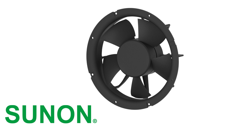 Produktabbildung eines schwarzen SUNON Gerätelüfters (Axiallüfter) mit rundem Rahmen und mehreren Lüfterflügeln, Eco EC-Ventilator CF4207 . Unten links das SUNON Logo. Produktabbildung eines schwarzen SUNON Gerätelüfters (Axiallüfter) mit rundem Rahmen und mehreren Lüfterflügeln, Eco EC-Ventilator CF4207 . Unten links das SUNON Logo.