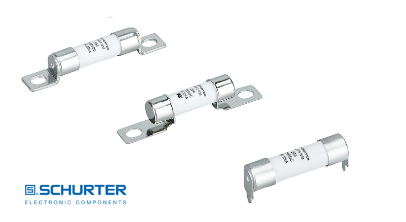 Product image of several SCHURTER ADO series high-voltage DC fuses with different terminal types, isolated on a white background. The SCHURTER Electronic Components logo appears in the lower left. Product image of several SCHURTER ADO series high-voltage DC fuses with different terminal types, isolated on a white background. The SCHURTER Electronic Components logo appears in the lower left.