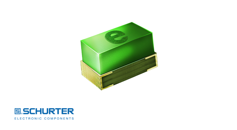 Product image of a green SCHURTER SMD fuse for PCB mounting with metal contacts, isolated on a white background. The SCHURTER Electronic Components logo appears in the lower left. Product image of a green SCHURTER SMD fuse for PCB mounting with metal contacts, isolated on a white background. The SCHURTER Electronic Components logo appears in the lower left.