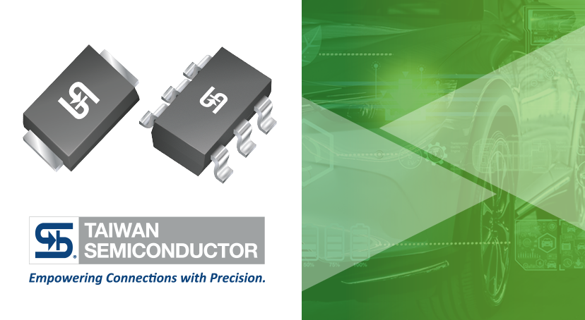 Produktabbildung von zwei SMD-Halbleiterbauteilen von Taiwan Semiconductor. Links die Bauteile freigestellt auf weißem Hintergrund, unten das Taiwan Semiconductor Logo. Rechts ein grünes, technologiebezogenes Hintergrundmotiv Produktabbildung von zwei SMD-Halbleiterbauteilen von Taiwan Semiconductor. Links die Bauteile freigestellt auf weißem Hintergrund, unten das Taiwan Semiconductor Logo. Rechts ein grünes, technologiebezogenes Hintergrundmotiv