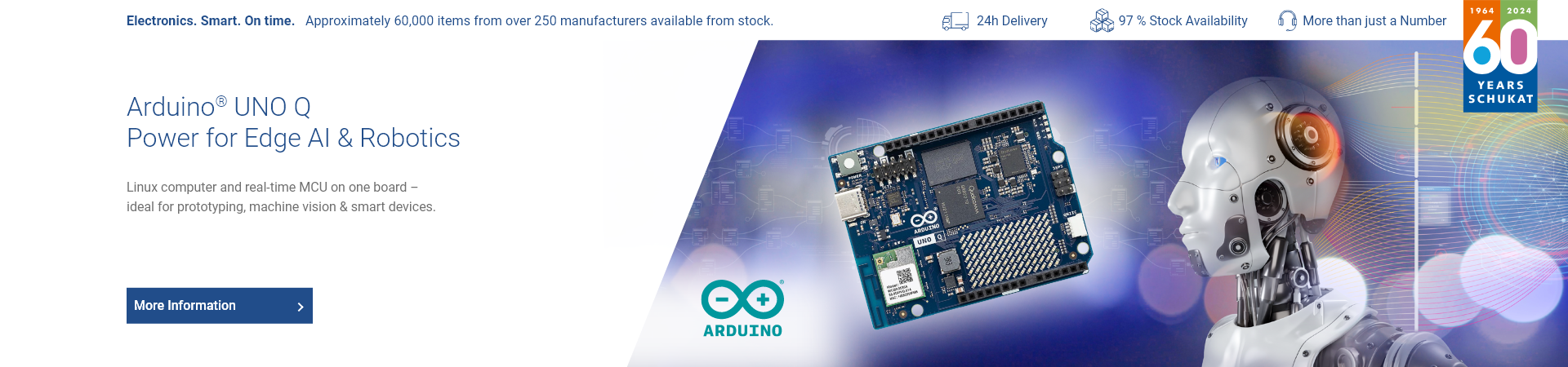 Hero banner for the Arduino UNO Q for edge AI, robotics, and machine vision applications featuring an AI visualization and development board. Hero banner for the Arduino UNO Q for edge AI, robotics, and machine vision applications featuring an AI visualization and development board.