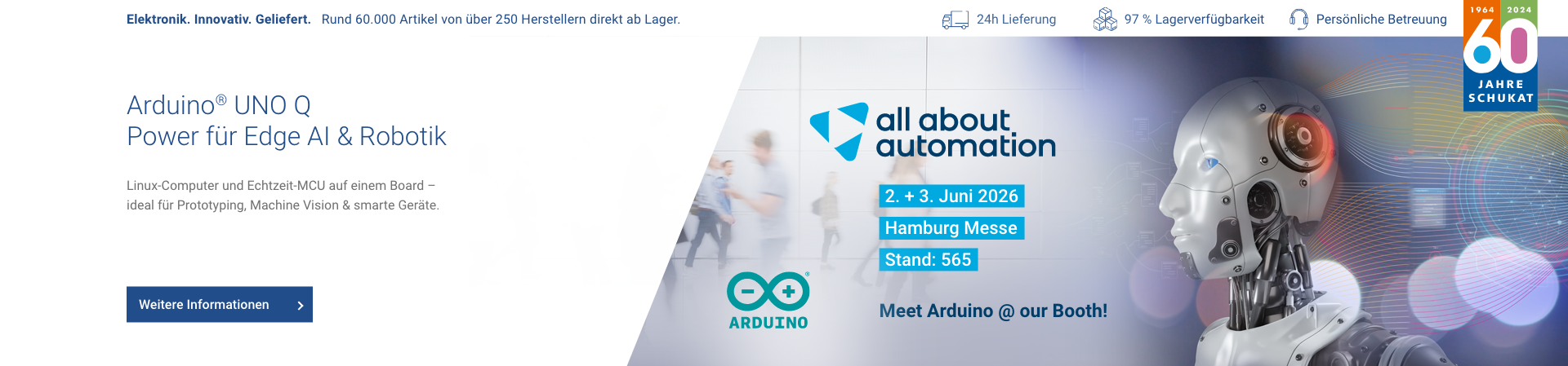 Hero-Banner zum Arduino UNO Q für Edge AI und Robotik mit Messehinweis zur all about automation 2026 in Hamburg. Hero-Banner zum Arduino UNO Q für Edge AI und Robotik mit Messehinweis zur all about automation 2026 in Hamburg.