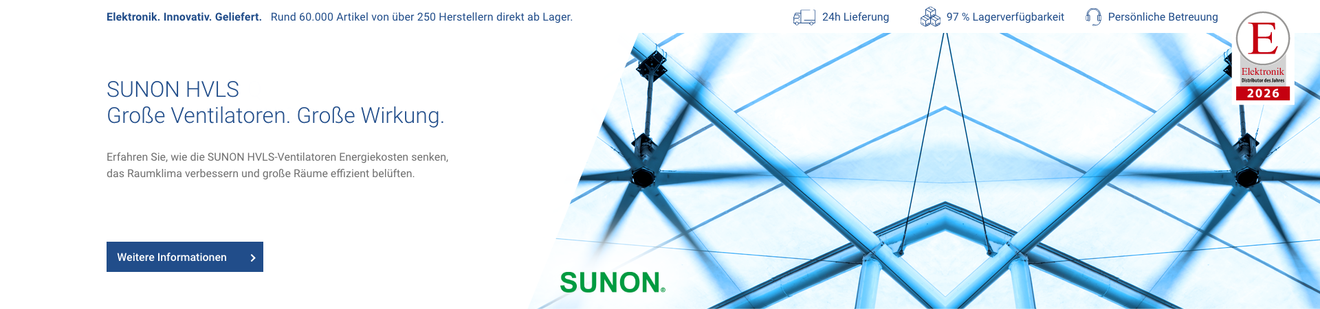 Hero-Banner zu SUNON HVLS-Ventilatoren mit Blick auf die Hallendecke und installierte Großraumventilatoren für energieeffiziente Luftzirkulation in Industriegebäuden. Hero-Banner zu SUNON HVLS-Ventilatoren mit Blick auf die Hallendecke und installierte Großraumventilatoren für energieeffiziente Luftzirkulation in Industriegebäuden.