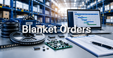 Tile graphic for blanket orders featuring electronic components, a laptop, and planning documents in a modern warehouse environment. Tile graphic for blanket orders featuring electronic components, a laptop, and planning documents in a modern warehouse environment.