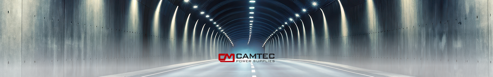 Herobanner mit einem modern beleuchteten Straßentunnel in symmetrischer Perspektive. In der Mitte das CAMTEC Power Supplies Logo als Symbol für zuverlässige Stromversorgungen in Infrastruktur- und Industrieanwendungen. Herobanner mit einem modern beleuchteten Straßentunnel in symmetrischer Perspektive. In der Mitte das CAMTEC Power Supplies Logo als Symbol für zuverlässige Stromversorgungen in Infrastruktur- und Industrieanwendungen.
