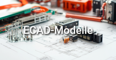 Foto einer Leiterplatte mit Steckverbindern und Bauteilen auf technischen Zeichnungen. Text im Bild: ‚ECAD-Modelle‘ – Symbol für digitale Bauteildaten und ECAD-Integration. Foto einer Leiterplatte mit Steckverbindern und Bauteilen auf technischen Zeichnungen. Text im Bild: ‚ECAD-Modelle‘ – Symbol für digitale Bauteildaten und ECAD-Integration.