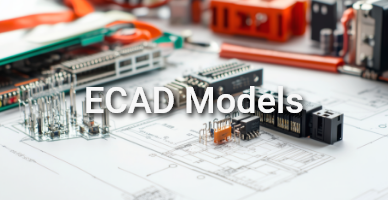 Photo of a circuit board with connectors and components placed on technical drawings. On-image text: ‘ECAD Models’ – representing digital component data and ECAD integration. Photo of a circuit board with connectors and components placed on technical drawings. On-image text: ‘ECAD Models’ – representing digital component data and ECAD integration.
