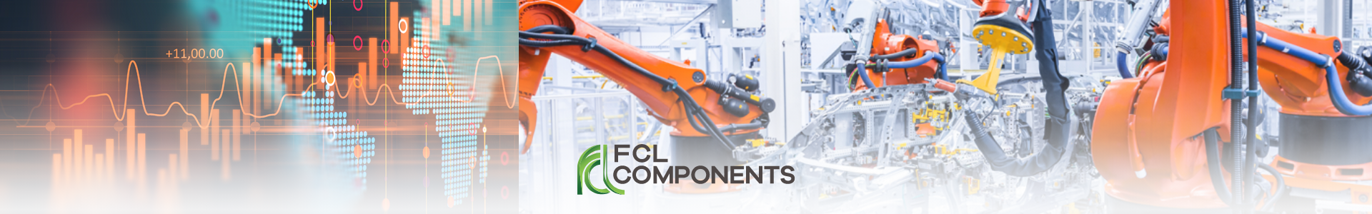 Herobanner mit Daten- und Diagrammvisualisierung und automatisierter Fertigungsstraße mit Industrierobotern. In der Mitte das FCL Components Logo: Symbol für elektronische Komponenten für Datenanalyse, Industrieautomation und Fertigung. Herobanner mit Daten- und Diagrammvisualisierung und automatisierter Fertigungsstraße mit Industrierobotern. In der Mitte das FCL Components Logo: Symbol für elektronische Komponenten für Datenanalyse, Industrieautomation und Fertigung.