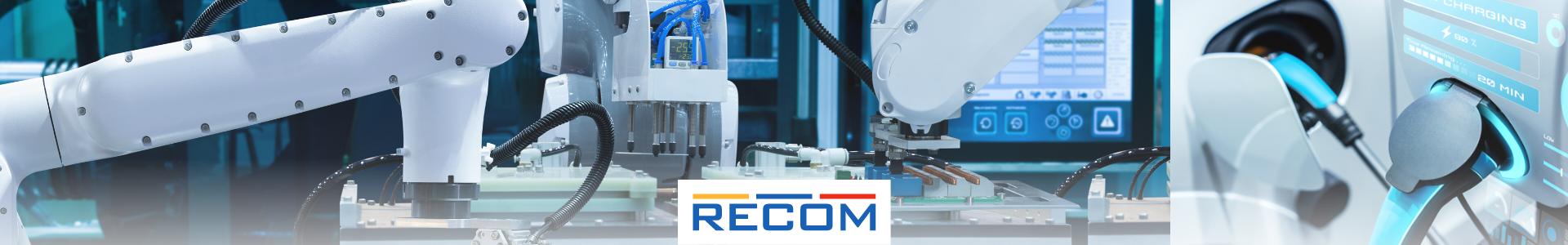 Herobanner mit industriellen Robotik-Armen in einer modernen Produktionsanlage sowie angeschlossene Elektrofahrzeug-Ladeanschluss. In der Mitte das RECOM-Logo – Symbol für zuverlässige Stromversorgungen in Industrieautomation und E-Mobility. Herobanner mit industriellen Robotik-Armen in einer modernen Produktionsanlage sowie angeschlossene Elektrofahrzeug-Ladeanschluss. In der Mitte das RECOM-Logo – Symbol für zuverlässige Stromversorgungen in Industrieautomation und E-Mobility.