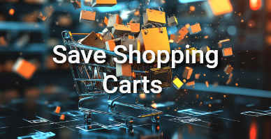 Graphic showing a shopping cart with digital data cubes in the background. On-image text: ‘Save Shopping Carts’ – representing saved carts and easy reordering in the online shop. Graphic showing a shopping cart with digital data cubes in the background. On-image text: ‘Save Shopping Carts’ – representing saved carts and easy reordering in the online shop.