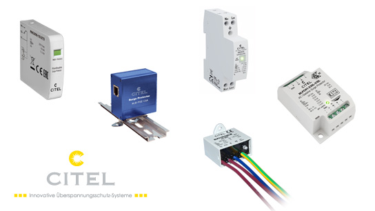 Overview of various CITEL surge protective devices (SPDs) in different form factors for DIN rail mounting, device installation, and PCB mounting. Several SPD variants for industrial and electronic applications are shown. Overview of various CITEL surge protective devices (SPDs) in different form factors for DIN rail mounting, device installation, and PCB mounting. Several SPD variants for industrial and electronic applications are shown.