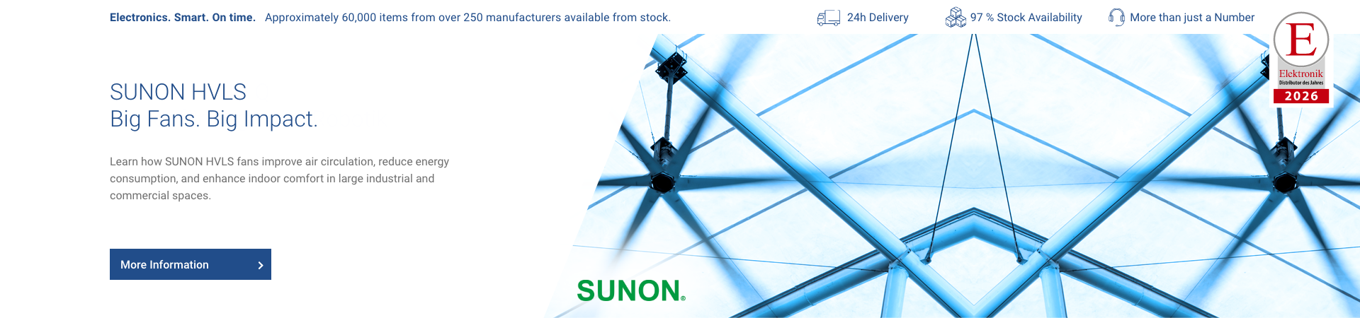 Hero banner showing ceiling-mounted SUNON HVLS fans installed in an industrial building for energy-efficient air circulation in large spaces. Hero banner showing ceiling-mounted SUNON HVLS fans installed in an industrial building for energy-efficient air circulation in large spaces.