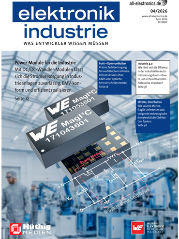 Magazintitel „elektronik industrie“ (Ausgabe 04/2026) mit Titelbild einer automatisierten Fertigungsumgebung: Im Vordergrund schwebende WÜRTH ELEKTRONIK MagI³C LeistungsÂmodule über einer schematischen Darstellung eines synchronen Step-Down-Wandlers; im Hintergrund eine unscharfe Industriehalle mit Robotik. Mehrere Teaserkästen verweisen auf Themen wie Power-Module, Funk- und Automatisierungstechnik sowie Distribution.