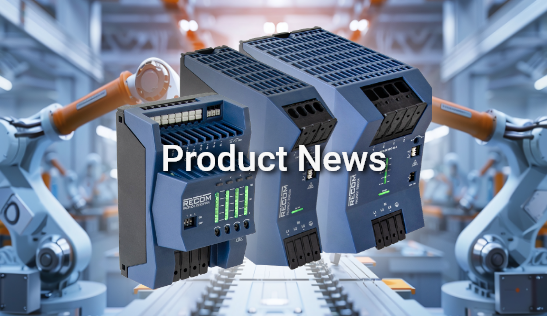 Image with the caption Product News in front of an industrial and automation motif with robotic arms and several electronic assemblies/modules in the foreground. The image refers to new products and components.