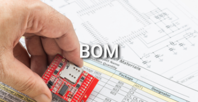 Hand holding a small red circuit board over a bill of materials (BOM). On-image text: ‘BOM’ – representing BOM management, component sourcing, and procurement in electronics. Hand holding a small red circuit board over a bill of materials (BOM). On-image text: ‘BOM’ – representing BOM management, component sourcing, and procurement in electronics.