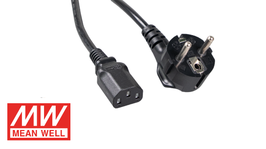 MEAN WELL MC13 AC power cord with Schuko plug (Type F) and IEC C13 connector for power supplies and industrial power applications.
