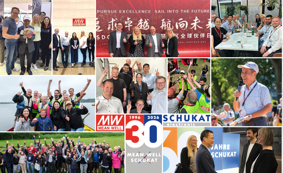 Fotocollage mit gemeinsamen Veranstaltungen, Unternehmensbesuchen, Spendenübergaben und Teamaufnahmen aus 30 Jahren Partnerschaft zwischen MEAN WELL und Schukat von 1996 bis 2026. Fotocollage mit gemeinsamen Veranstaltungen, Unternehmensbesuchen, Spendenübergaben und Teamaufnahmen aus 30 Jahren Partnerschaft zwischen MEAN WELL und Schukat von 1996 bis 2026.