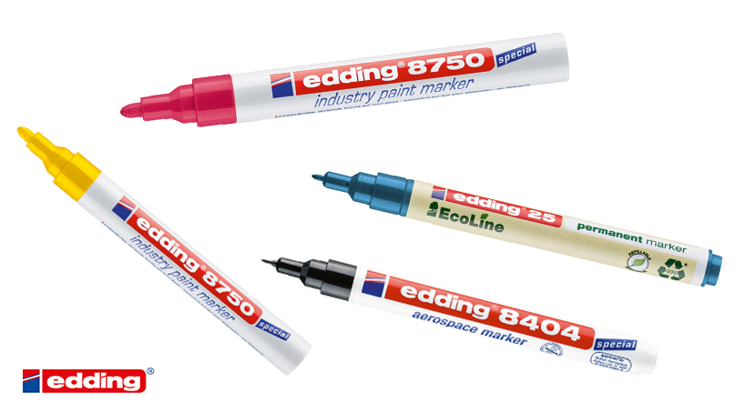 Produktübersicht verschiedener edding Industriemarker mit dem 8404 Aerospace Marker für korrosionsarmes Markieren in Luftfahrt- und Industrieanwendungen. Produktübersicht verschiedener edding Industriemarker mit dem 8404 Aerospace Marker für korrosionsarmes Markieren in Luftfahrt- und Industrieanwendungen.
