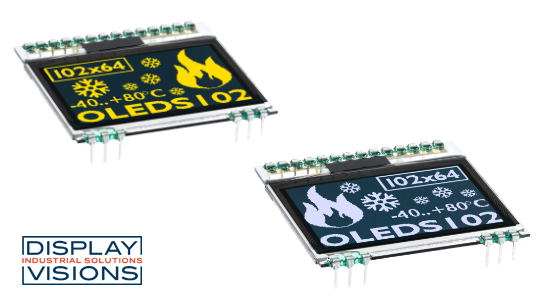 Zwei OLED-Displays von DISPLAY VISIONS mit 102 × 64 Pixeln und grafischer Temperaturdarstellung für industrielle Anwendungen. Zwei OLED-Displays von DISPLAY VISIONS mit 102 × 64 Pixeln und grafischer Temperaturdarstellung für industrielle Anwendungen.