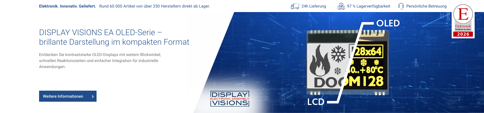 Hero-Banner zur DISPLAY VISIONS EA OLED-Serie mit kompaktem OLED-Display für kontraststarke Darstellung in industriellen Anwendungen.