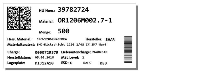 HU-Etikett mit 2D-Code und Rückverfolgbarkeitsdaten für elektronische Bauteile, darunter Artikelnummer, Charge, Herstellungsdatum und RoHS-Status. HU-Etikett mit 2D-Code und Rückverfolgbarkeitsdaten für elektronische Bauteile, darunter Artikelnummer, Charge, Herstellungsdatum und RoHS-Status.