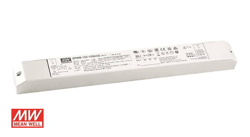 Product image of the slim MEAN WELL SPWM-150-12AD2Q LED switching power supply in a white enclosure for LED lighting applications, isolated on a white background. The MEAN WELL logo appears in the lower left. Product image of the slim MEAN WELL SPWM-150-12AD2Q LED switching power supply in a white enclosure for LED lighting applications, isolated on a white background. The MEAN WELL logo appears in the lower left.