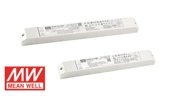 Two slim MEAN WELL SPWM series LED drivers in white housings, isolated on a white background.
