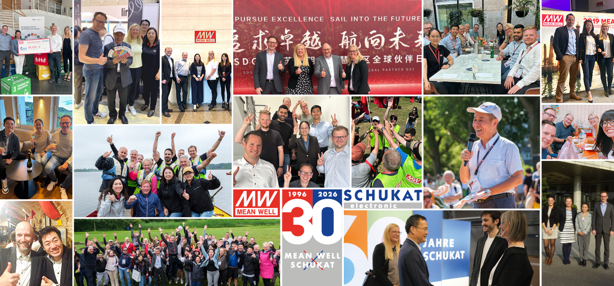 Photo collage featuring joint events, company visits, donation presentations, and team photos from 30 years of partnership between MEAN WELL and Schukat, spanning 1996 to 2026.