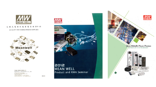 Three MEAN WELL catalogs from different years shown side by side, illustrating the evolution of the product portfolio and brand design.