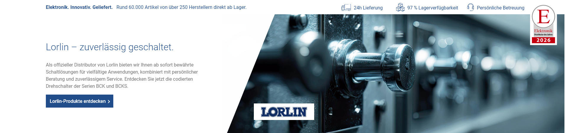 Hero-Banner zu Lorlin mit Nahaufnahme eines Drehschalters und Hinweis auf die codierten Drehschalter der Serien BCK und BCKS.