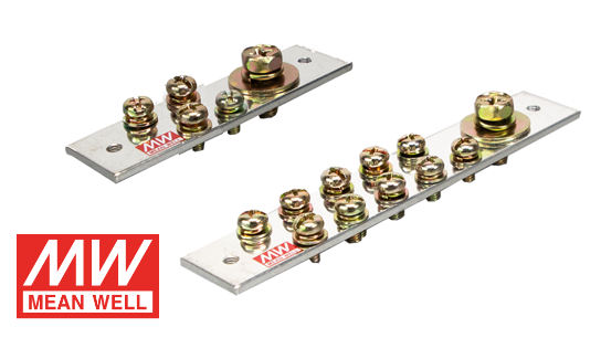 Two MEAN WELL CU25003T busbars with multiple screw terminals and a current capacity of up to 250 A, isolated on a white background. Two MEAN WELL CU25003T busbars with multiple screw terminals and a current capacity of up to 250 A, isolated on a white background.