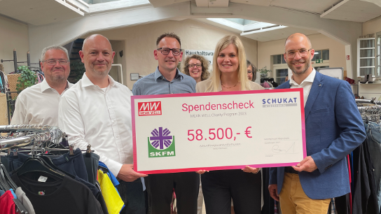 Five people present a €58,500 donation cheque from MEAN WELL and Schukat to SKFM in a clothing donation center, with racks of clothes in the background.