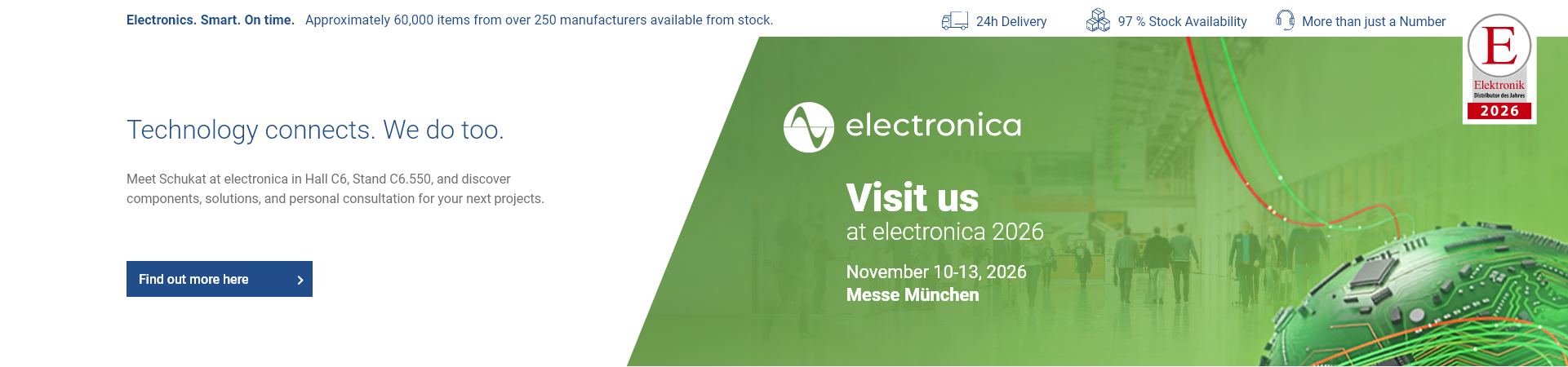 Hero banner for electronica 2026 highlighting the Schukat booth in Hall C6, Booth C6.550, with a green trade fair and electronics graphic.