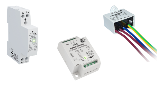 Produktabbildung von 3 CITEL Überspannungsschutzgeräten (SPDs): links ein DIN-Schienen-Modul der Serie DACN10-L21YG-275, mittig ein Geräteeinbau-SPD der Serie MLPCH1, rechts ein SPD der Serie MLPx1VG. Freigestellt auf weißem Hintergrund.