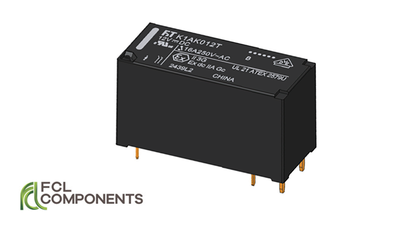 Produktabbildung eines schwarzen FCL Components Printrelais der Serie FTR-K1 mit Anschlussstiften, freigestellt auf weißem Hintergrund. Unten links das FCL Components Logo. Produktabbildung eines schwarzen FCL Components Printrelais der Serie FTR-K1 mit Anschlussstiften, freigestellt auf weißem Hintergrund. Unten links das FCL Components Logo.
