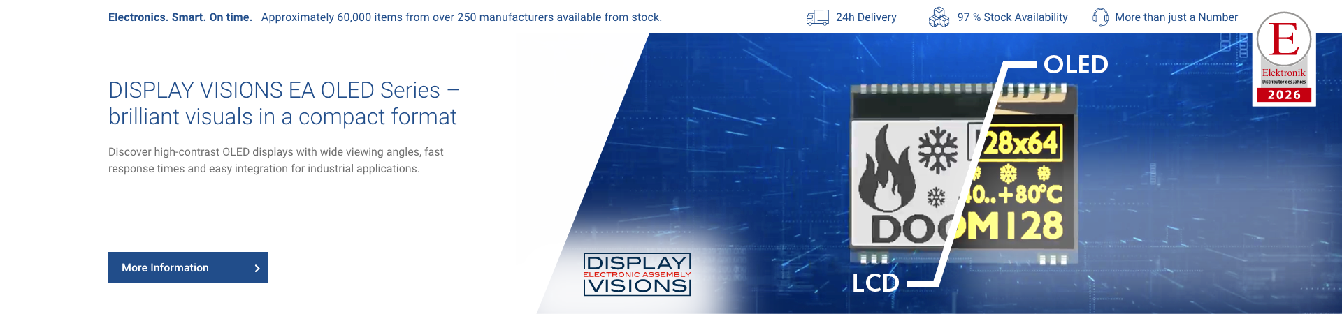 Hero banner for the DISPLAY VISIONS EA OLED series featuring a compact OLED display for high-contrast visualization in industrial applications.